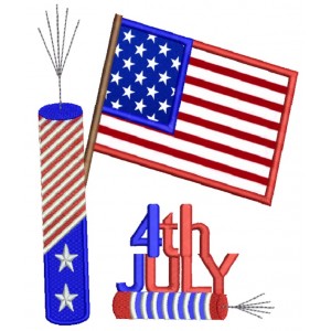 4Th of July Independence Day American Flag and Fireworks Applique Machine Embroidery Design Digitized Pattern